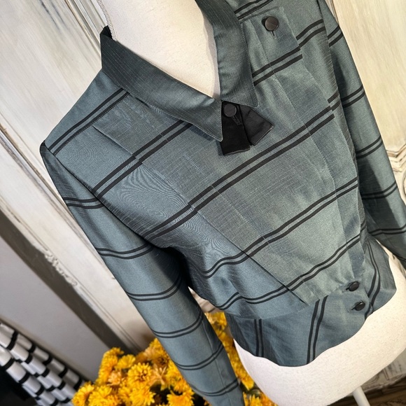 Coletti Elegant Green Plaid Victorian Women's Long Sleeve Peplum Blouse - Picture 3 of 9